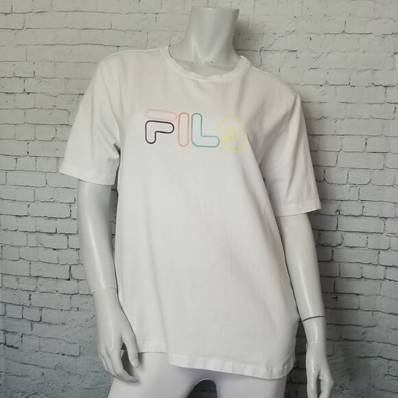 Fila Womens SZ XL Tee T Shirt White Outline Spellout TINY FLAW Stretch Boxy Fit - Picture 11 of 11